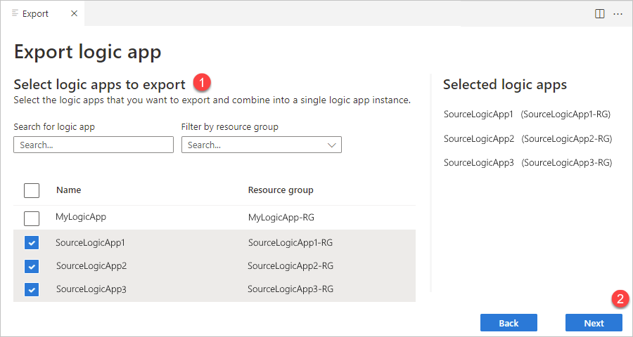 Screenshot showing 'Select logic apps to export' section with logic apps selected for export.