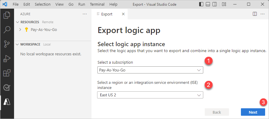 Screenshot showing 'Export' tab and 'Select logic app instance' section with Azure subscription and region selected.