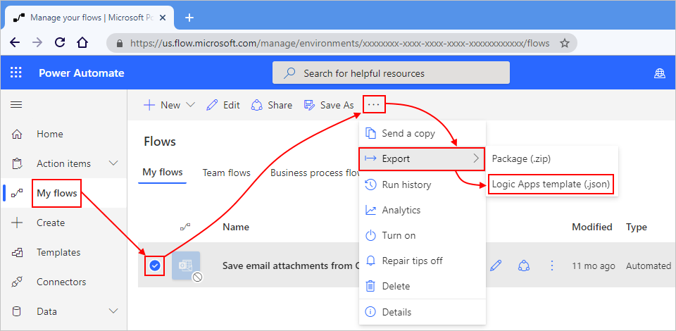 Export flow from Power Automate