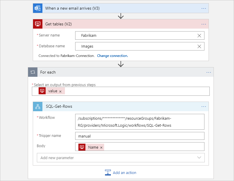 Screenshot showing Consumption parent workflow that gets the SQL Server tables and calls the child workflow.