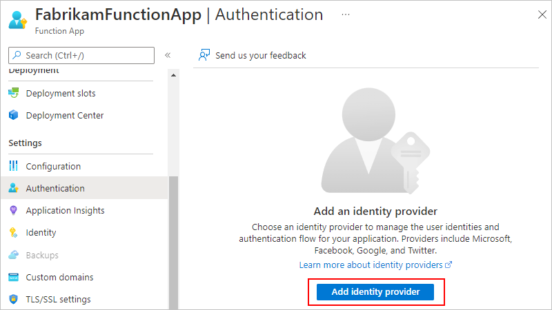 Screenshot showing function app menu with "Authentication" pane and "Add identity provider" selected.