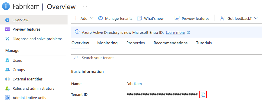 Screenshot shows Microsoft Entra ID Properties page with tenant ID's copy button selected.