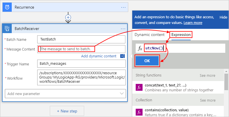 In "Message Content", select "Expression", enter "utcnow()", and select "OK".