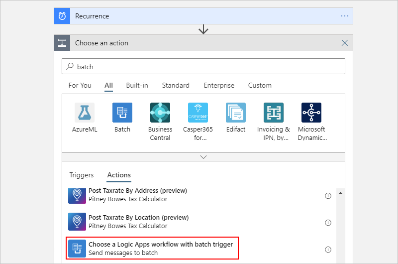 Select "Choose a Logic Apps workflow with batch trigger"
