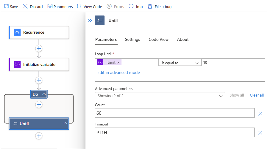 Screenshot shows Standard workflow and built-in action named Until with finished stop condition.