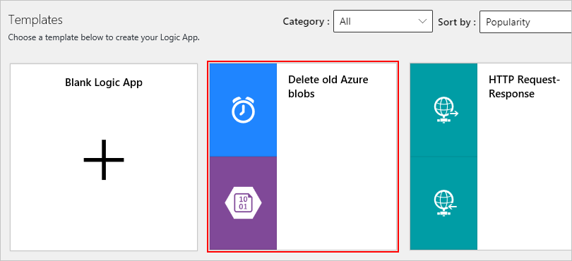 Screenshot showing the template gallery. Under 'Templates,' three templates are visible. The template named 'Delete old Azure blobs' is selected.