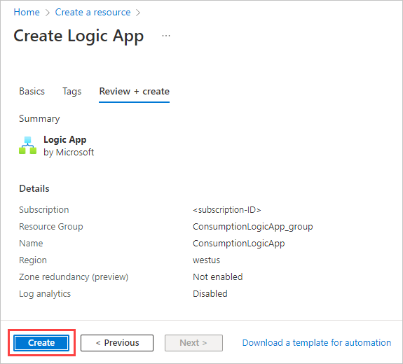 Screenshot of the 'Create Logic App' page. The name, subscription, and other values are visible, and the 'Create' button is highlighted.