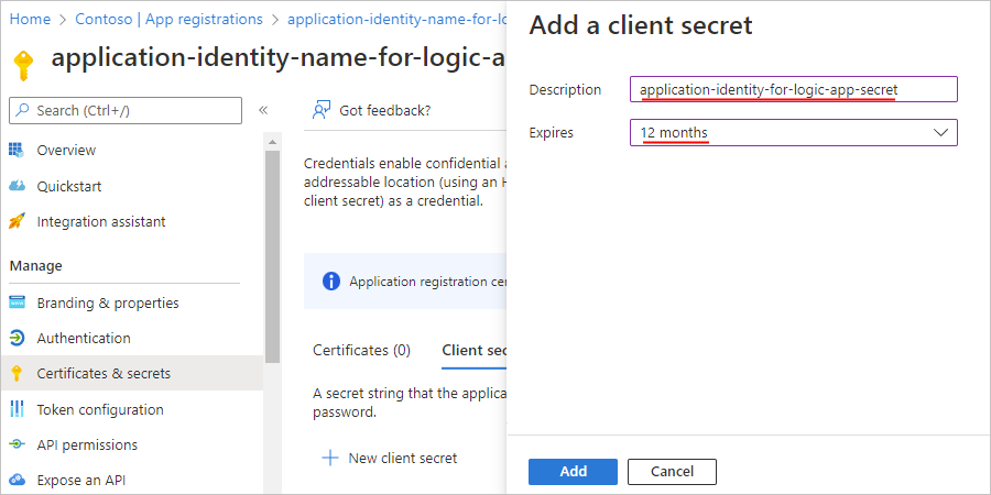 Screenshot showing secret creation for application identity.