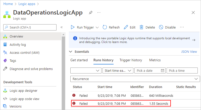 Screenshot showing Azure portal with Consumption logic app workflow runs and a failed run selected.