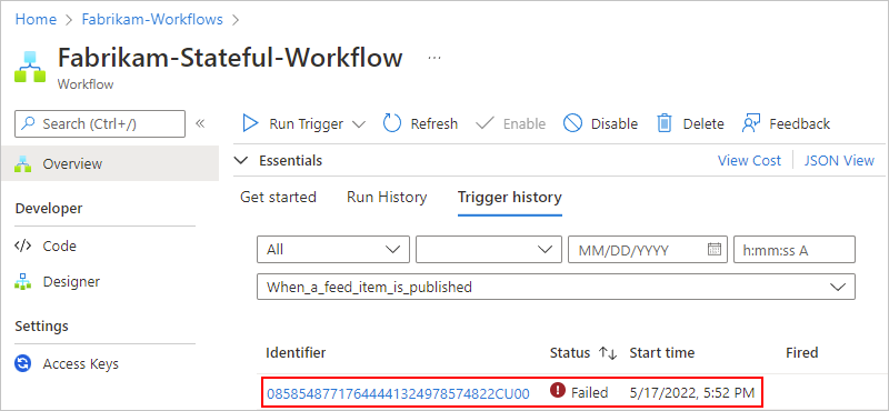 Screenshot showing Azure portal with Standard logic app workflow trigger history.
