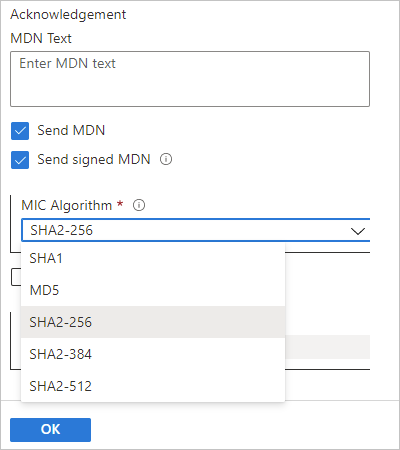 Screenshot that shows Azure portal with AS2 agreement's "Receive Settings" with MDN acknowledgement settings.