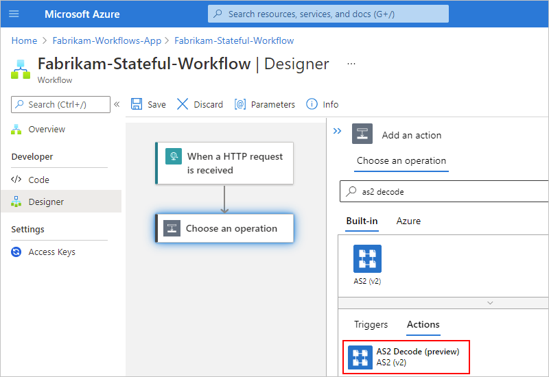 Screenshot showing the Azure portal, designer for Standard workflow, and "AS2 Decode" action selected.
