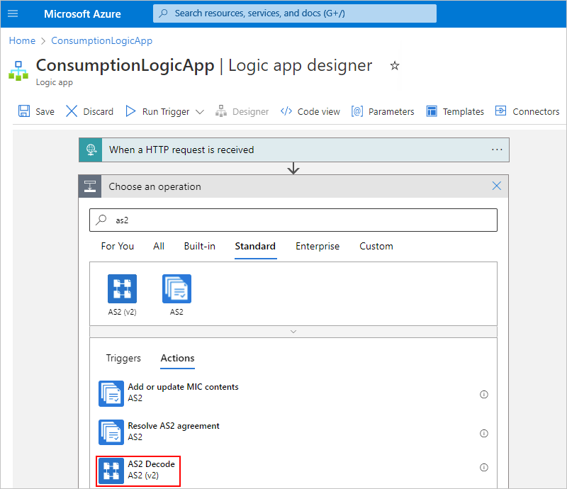 Screenshot showing the Azure portal, designer for Consumption workflow, and "AS2 Decode" action selected.