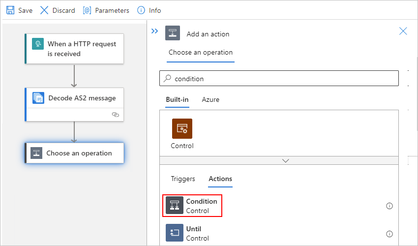 Screenshot showing single-tenant designer with the "Condition" action selected.