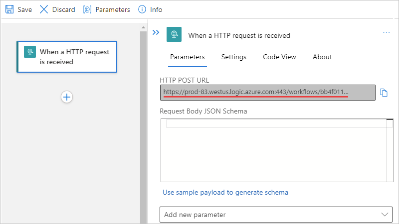 Screenshot showing single-tenant designer and generated URL for Request trigger.