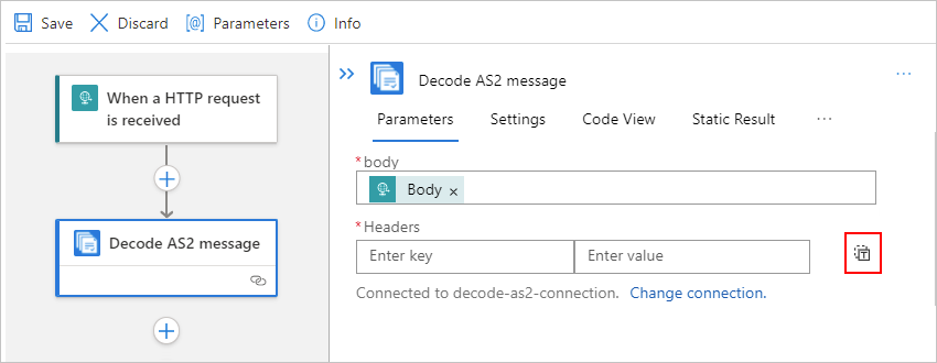Screenshot showing single-tenant designer with "Switch Message headers to text mode" selected.