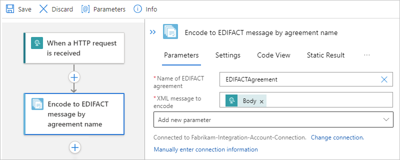 Screenshot showing the "Encode to EDIFACT message by parameter name" operation with the message encoding properties.