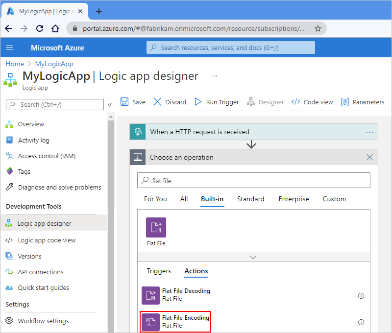 Screenshot showing Azure portal and Consumption workflow designer with "flat file" in search box and "Flat File Encoding" action selected.