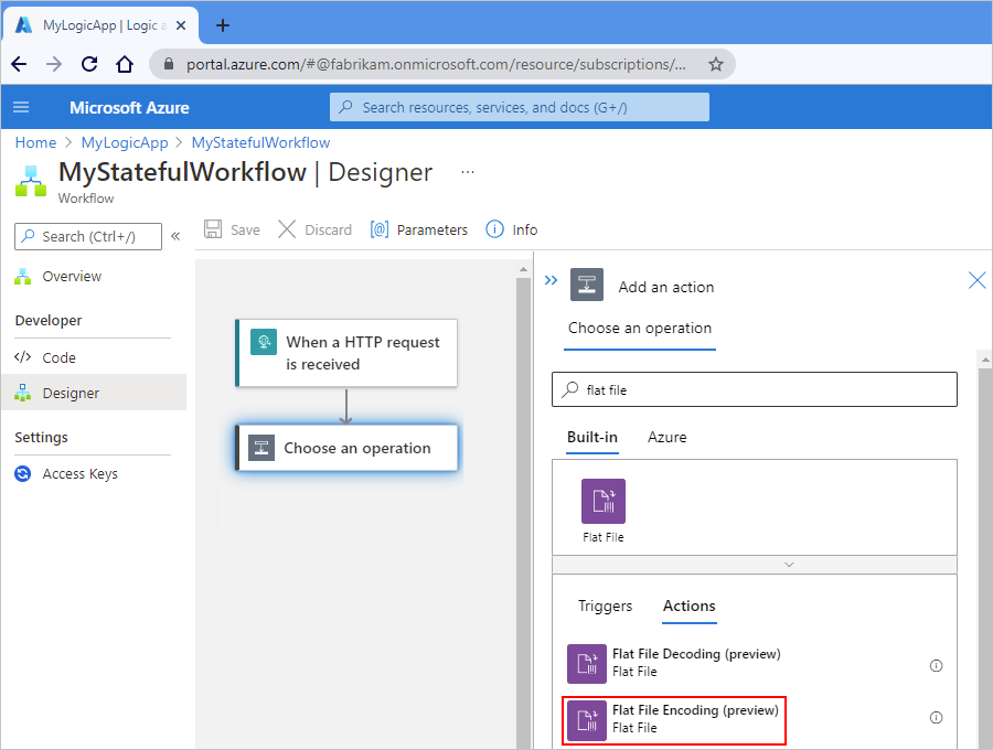 Screenshot showing Azure portal and Standard workflow designer with "flat file" in search box and "Flat File Encoding" action selected.