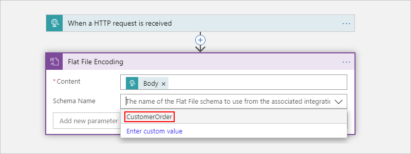 Screenshot showing Consumption workflow designer and opened "Schema Name" list with selected schema for encoding.