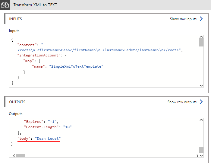 Screenshot showing example output for XML to text transformation.