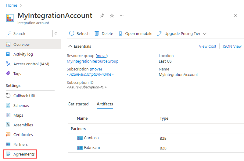 Screenshot of the Azure portal with the integration account page open. On the navigation menu, Agreements is selected.