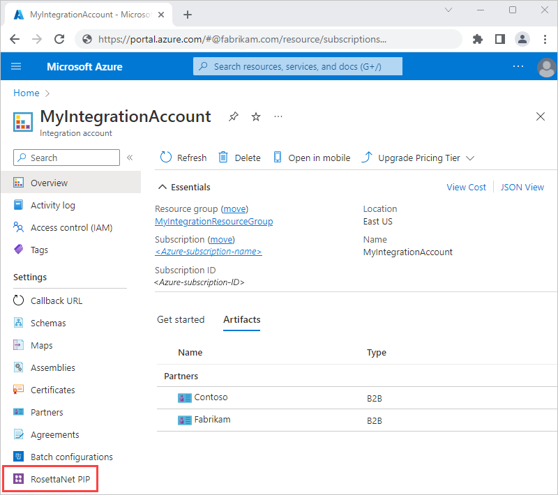 Screenshot of the Azure portal and the integration account page. On the navigation menu, RosettaNet PIP is selected.