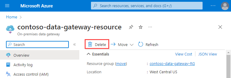 Screenshot of an on-premises data gateway resource in the Azure portal. On the toolbar, 'Delete' is highlighted.