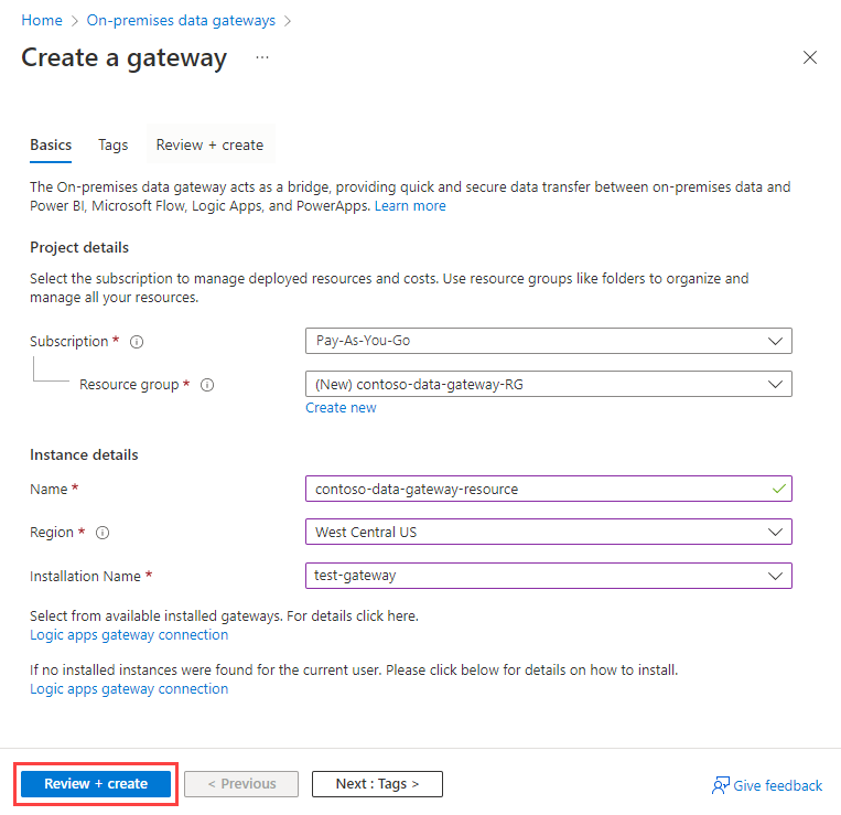 Screenshot of the Azure portal 'Create a gateway' page. The 'Name,' 'Region,' and other boxes have values. The 'Review + create' button is selected.