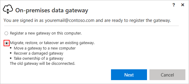 Screenshot of the gateway installer. The 'Migrate, restore, or takeover an existing gateway' option is selected and highlighted.