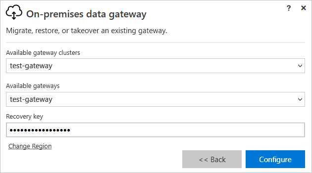 Screenshot of the gateway installer. The 'Available gateway clusters,' 'Available gateways,' and 'Recovery key' boxes all have values.