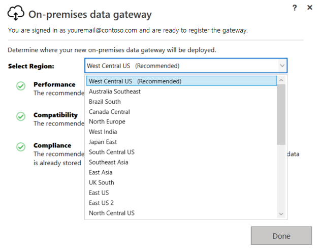 Screenshot of the gateway installer window. The 'Select Region' list is open. A 'Done' button is visible.