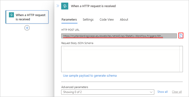Screenshot shows Standard workflow, Request trigger, and generated callback URL for endpoint.