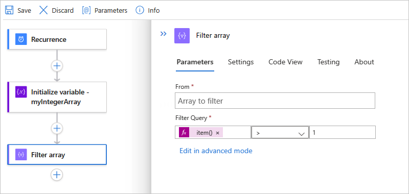 Screenshot showing the designer for a Standard workflow and the finished example for the "Filter array" action.