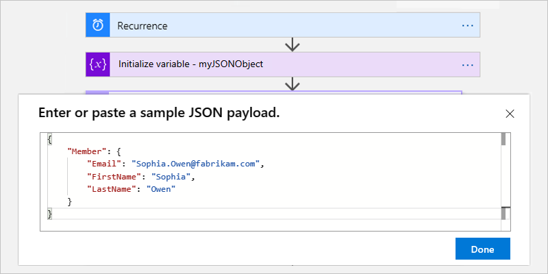 Screenshot showing the designer for a Consumption workflow, the "Parse JSON" action, and the "Enter or paste a sample JSON payload" box with the JSON entered to generate the schema.