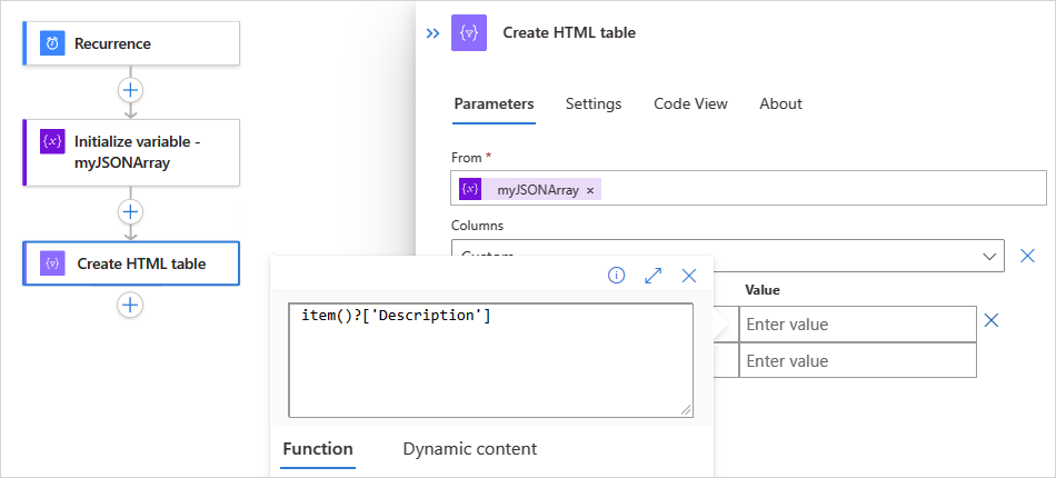 Screenshot showing the "Create HTML table" action in a Standard workflow and how to dereference the "Description" array property.