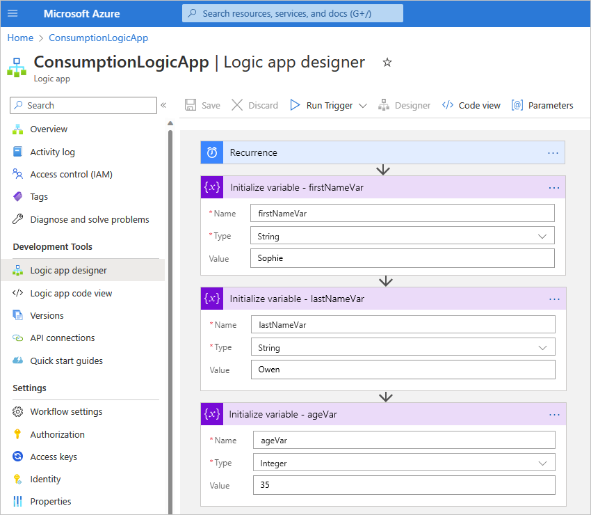 Screenshot showing the Azure portal and the designer with a sample Consumption workflow for the Compose action.