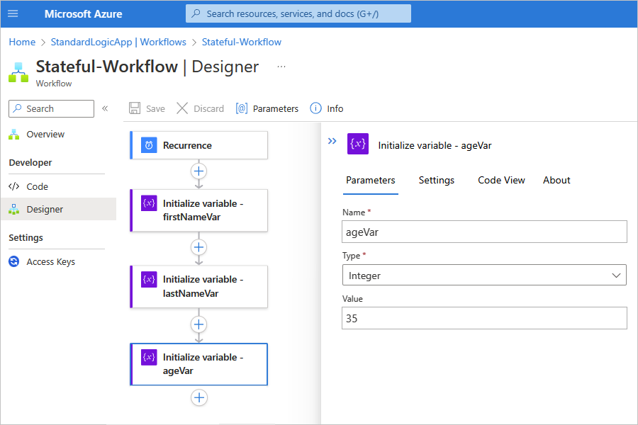 Screenshot showing the Azure portal and the designer for a sample Standard workflow for the Compose action.