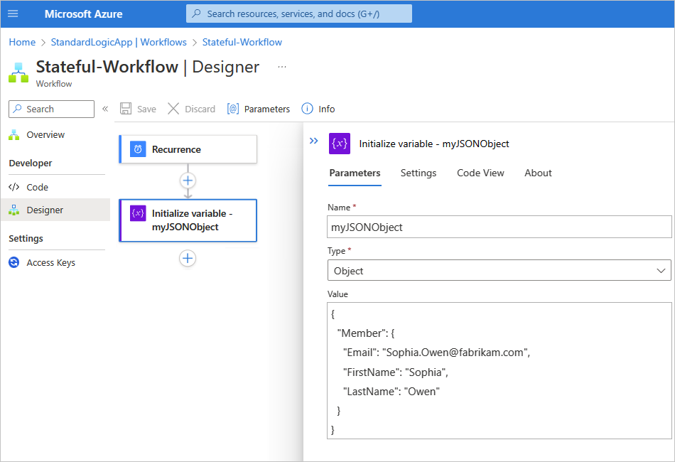 Screenshot showing the Azure portal and the designer with a sample Standard workflow for the "Parse JSON" action.