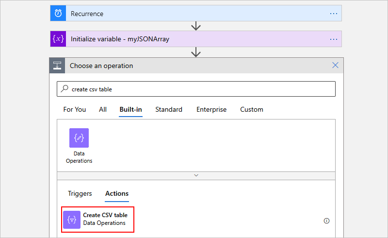 Screenshot showing the designer for a Consumption workflow, the "Choose an operation" search box with "create csv table" entered, and the "Create CSV table" action selected.