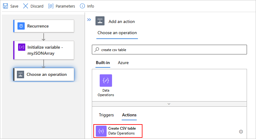 Screenshot showing the designer for a Standard workflow, the "Choose an operation" search box with "create csv table" entered, and the "Create CSV table" action selected.