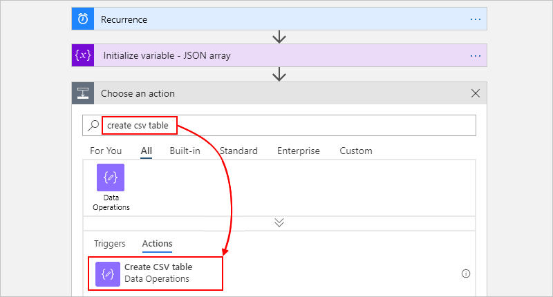 Select "Create CSV table" action