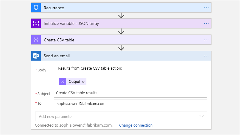 "Output" fields for the "Create CSV table" action