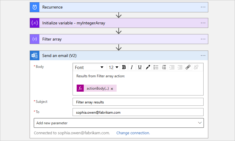 Screenshot showing a Consumption workflow with the finished "Send an email" action for the "Filter array" action.