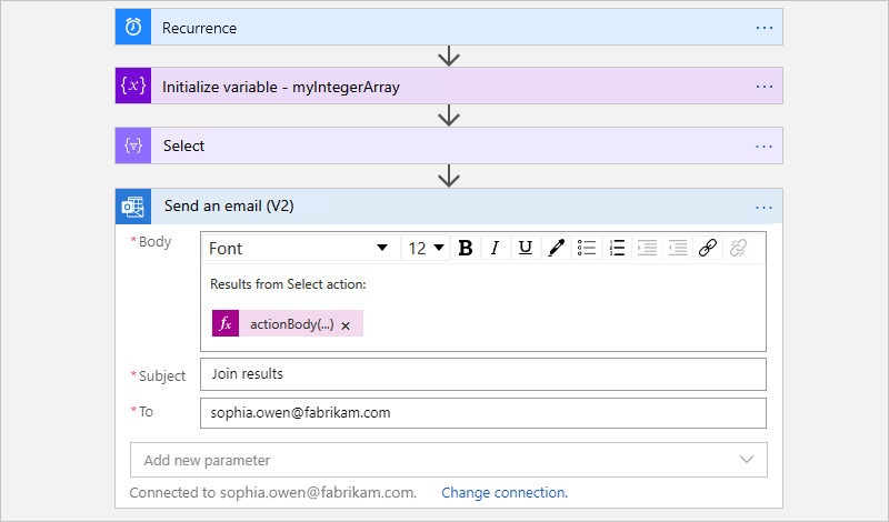 Screenshot showing a Consumption workflow with the finished "Send an email" action for the "Select" action.