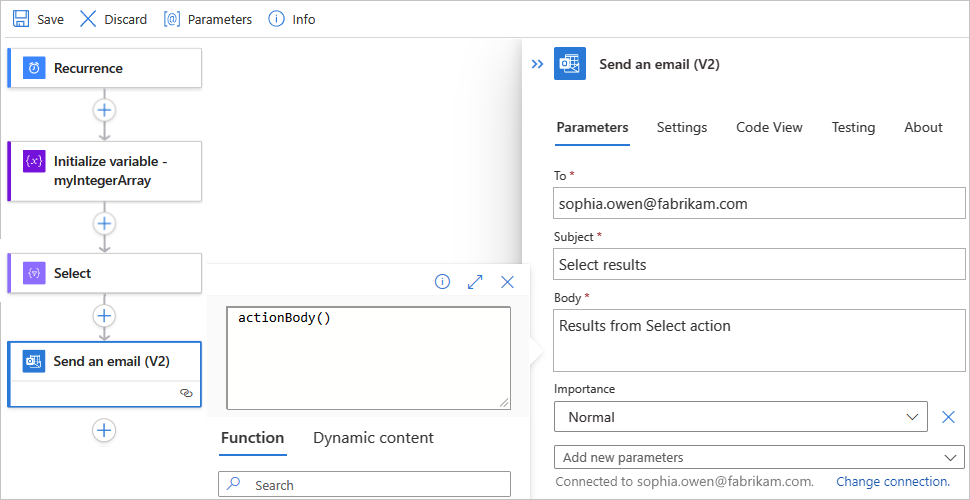 Screenshot showing a Standard workflow with the "Send an email" action and the action outputs from the "Select" action.