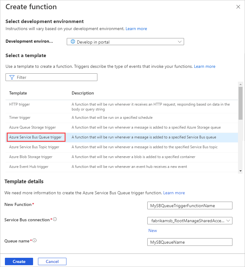 Screenshot of the 'Create function' pane with 'Azure Service Bus Queue trigger' highlighted, and template example details entered.