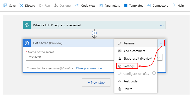 Screenshot shows Azure portal, Consumption workflow designer, and trigger or action with opened settings.