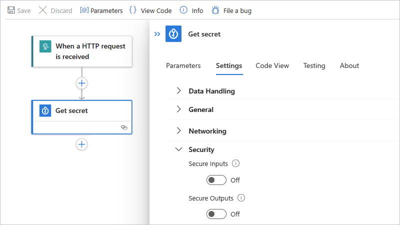 Screenshot shows Azure portal, Standard workflow designer, and trigger or action with opened settings.