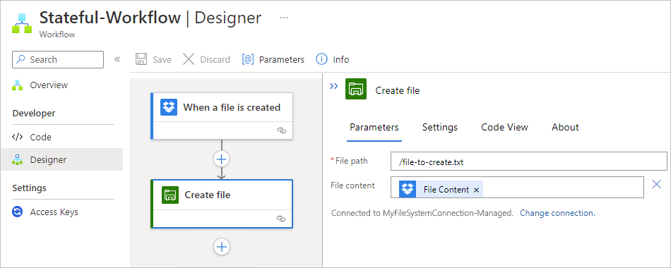 Screenshot showing Standard workflow designer and the File System managed connector "Create file" action.